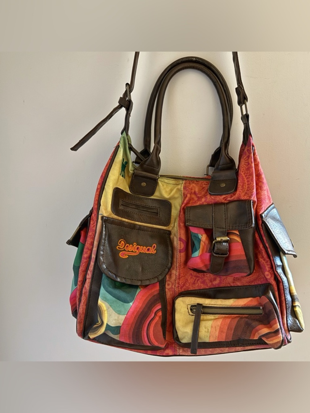 Desigual Multicolor Striped Patchwork Satchel - Brown Trim